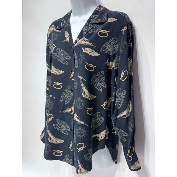 VTG Ralph Lauren Nautical 100% Silk Top Long Roll Tab Sleeve Navy Blue Size PM - Picture 7 of 13